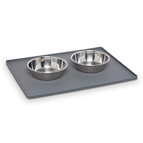 Messy Mutts & Cats Silicone Non-Slip Pet Bowl Mat with Raised Edge | 16” x 12” Dog/Cat Bowl Mat with Spill-Proof Lip | Cool Grey - color: Cool Grey
