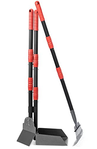 Heeyoo Dog Pooper Scooper, Dog Poop Tray and Rake Set, Pet Waste Removal Scoop with Long Adjustable Sectional Stainless Handles - color: Black/Red