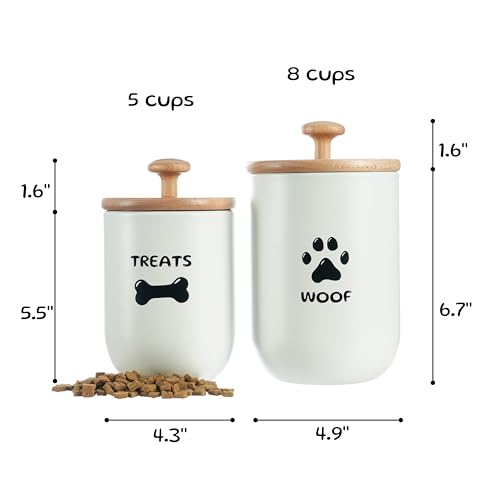 Dog Treat Container Set of 2, Dog treat jar with Airtight Lid, Small dog food container, Dog Cookie Jar for kitchen Counter, Treats Canister, Pet Treat Container 8.3x4.9 & 7.1x4.3 (White) - color: White