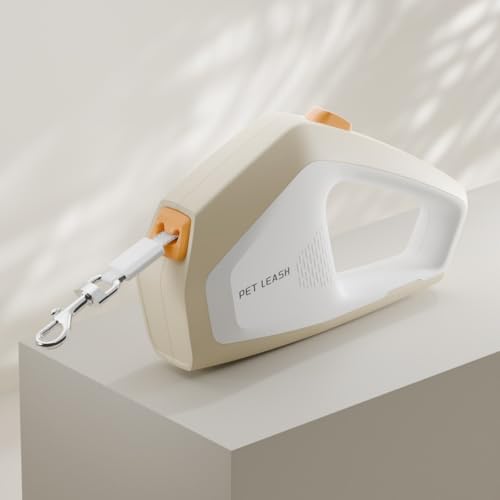 5M Retractable Dog Leash with One Button Brake Lock, Heavy Duty ABS Anti-Slip Walking Lead for Small Medium Dogs & Cats, 4 Color Adjustable Pet Traction Lead - color: off-white