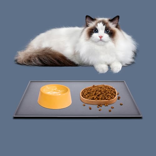 Dog Feeding Mat, Anti-Slip Dog Bowl Mats for Food and Water, Waterproof Raised Edge Pet Feeding Mat for Contain Spills Protect Floors, Pets Accessories (18.5” x 11.5”, Light Gray)