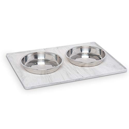Messy Mutts & Cats Silicone Non-Slip Pet Bowl Mat with Raised Edge | 16” x 12” Dog/Cat Bowl Mat with Spill-Proof Lip | Marble - color: Marble