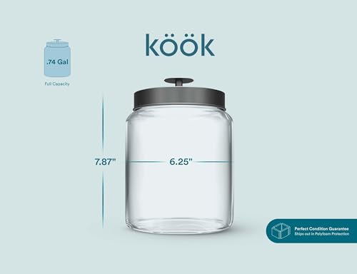 KooK Glass Kitchen Canister Set, Food & Storage Containers for Pantry, Bathroom Apothecary Jars, Tinplate Lids, Counter Organizers, 0.74 Gallon, Black, Set of 2 - color: Medium, Black Lid