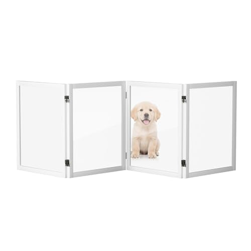 VINGLI Clear Acrylic Freestanding Dog Gate, Transparent Pet Fence with Solid Hardwood and Plastic Board, Pet Gates for Christmas Tree Stairs and Doorways (4 Panels) - size: 4 Panels