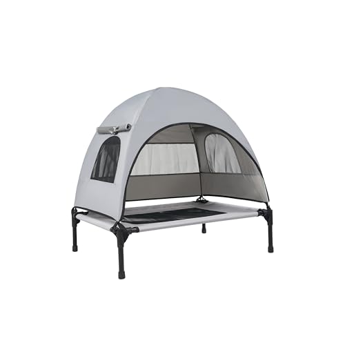 2-in-1 Elevated Dog Bed with Removable Canopy,Grey Oxford Fabric &Breathable Mesh Cooling Surface,8 inch Raised Pet Cot with UV Protection for Camping, Backyard & Travel (Small,24x32x32in). - size: Small