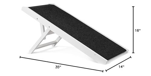 BIRDROCK HOME Adjustable Pet Ramp for Small Dogs, Cats, Puppies - Foldable Wooden Dog Ramp for Couch, Bed, Car - Indoor or Outdoor- Safe, Portable, Non-Slip Carpet - 16", White