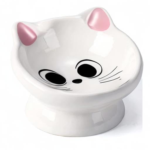 Raised Cat Food Bowl Ceramic 15° Tilted Cat Food Bowls Protect Cat's Spine Anti Vomiting Backflow Prevention Bowls for Adult Kitty, Kitten, and Small Dogs, Pink - color: Pink Ears