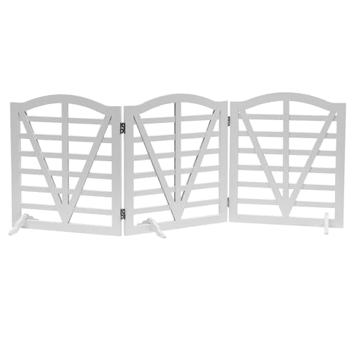Wooden Dog Gate Freestanding Pet Gate Foldable Pet Gate for Dogs,Indoor Dog Fences with 3Foot Supportershite,3Pane 23.6" Height-White.