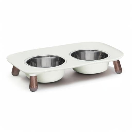 Messy Mutts Elevated Double Feeder with Stainless Bowls | Adjustable Height 3”, 5”, or 10” | Adjustable Standing Feeder for Dogs | 5 Cups per Bowl | Light Grey with Faux Wood Legs - color: Light Grey, Faux Wood Legs