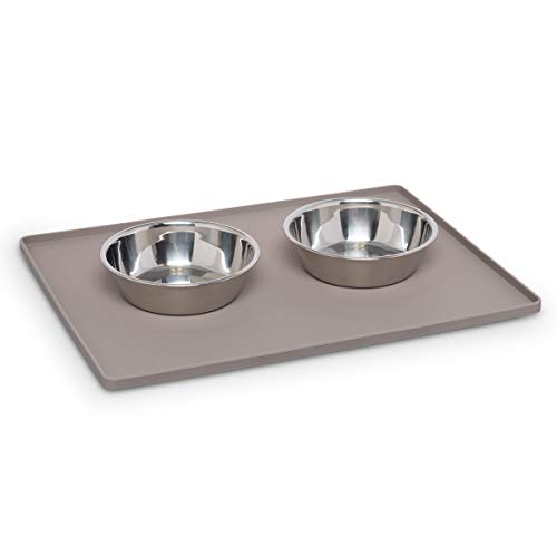 Messy Mutts & Cats Silicone Non-Slip Pet Bowl Mat with Raised Edge | 16” x 12” Dog/Cat Bowl Mat with Spill-Proof Lip | Grey - color: Grey