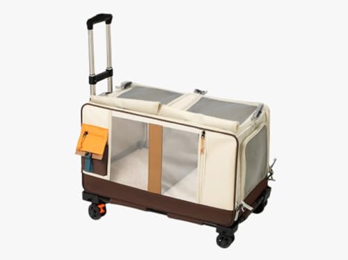 Large Cat Carrier with Wheels for 2 Cat, Double Rolling Pets Carrier on Wheel, Folding Soft-Sided Carriers with Telescopic Handle, Shoulder Strap Removable Soft-Sided Bag for Car, Vet, Outing - color: Brown