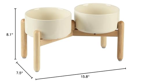Havniva 7.3inch Ceramic Raised Dog Bowl with Stand, Double Dog Bowls Elevated for Medium Breed Dog Food and Water Bowl Set Non-Slip Dog Dish Large Capacity Feeding Pet Water Bowl - color: 2 Bowls+Stand - Light Yellow, size: 7.3inch