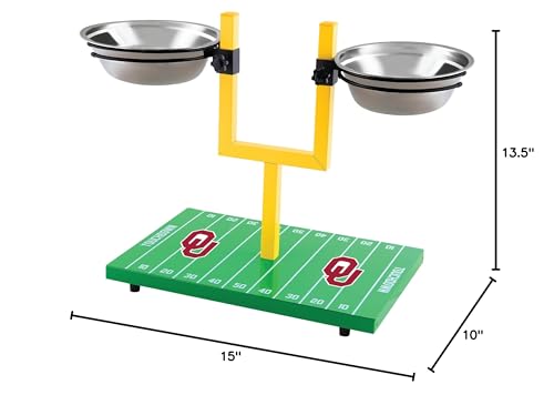 NCAA Oklahoma Sooners Goalpost Football Field Dog Feeder – Adjustable Elevated Dog Bowls with Stand, 2 Stainless Steel Bowls, Non-Slip Rubber Feet, Raised Pet Feeder for Large & Small Dogs