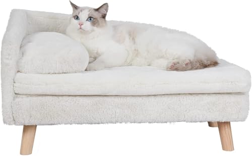 Elevated Cat Couch Sofa: Wooden Cat Bed Dog Chair with Bolster Cushion for Small Dogs Cute Pet Chaise Soft Cushion Fluffy Washable for Puppy - size: 27.8"x14.9"x9.3"
