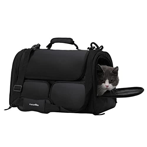 FUKUMARU Cat Carrier, 4 Mesh Windows Small Dog Carrier, 4 Storage Pockets Cat Travel Bag, Under 15 lb Airline Approved Pet Carrier, Rollable Cover for Nervous Cats, Black - color: Black