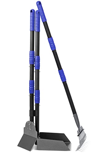 Heeyoo Dog Pooper Scooper, Dog Poop Tray and Rake Set, Pet Waste Removal Scoop with Long Adjustable Sectional Stainless Handles - color: Black/Blue