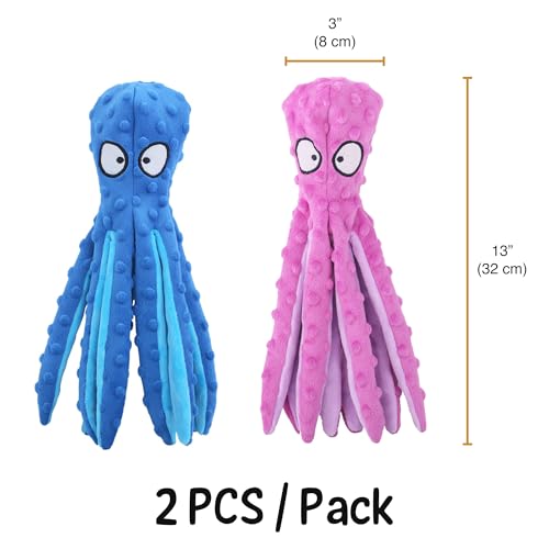 Vila Octopus Dog Plush Toy, No-Stuffing Body with Crinkle Tentacles and Squeaker Head, Soft Polyester for Light to Moderate Chewers, Washable and Durable Pet Companion, Blue & Purple, 2 Pcs. per Pack