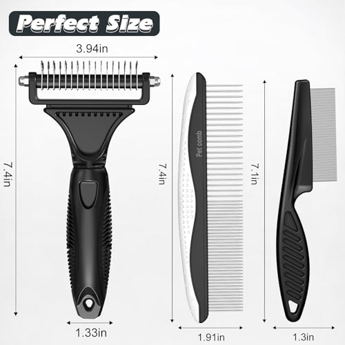 3PCS Pet Grooming Rake & Metal Comb & Flea Comb for Cats and Dogs, Double-Sided Dematting Tool, Extra-Wide Deshedding Dog Brush for Long Hair to Effectively Remove Tangles, Knots and Mats (Black) - color: B-Black