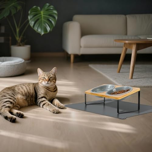 LEAWALK Upgraded Adjustable Height Cat Food Bowls Stand Ceramic Dog Bowls and Slow Feeder Cat Bowl, 15°Tilted Stand Anti Vomiting Raised for Small and Medium Sized Cats Dogs (Grey (2 Bowl+Pet mat)) - color: Grey ( 2 Bowl+Pet mat)