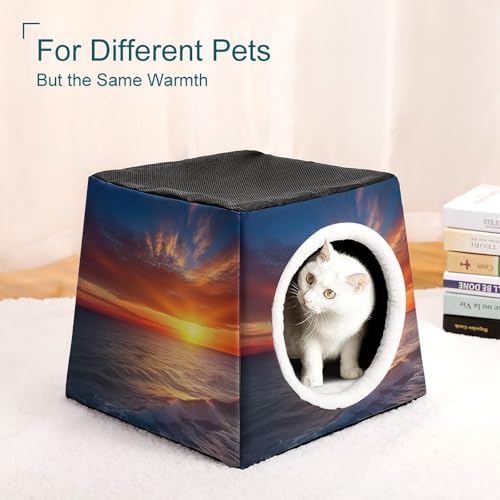 Collapsible Soft Dog Crate Pet Kennel Houses Sea and Sunset Printed Lightweight Travel Crate Kennel Indoor & Outdoor, 13.8"x13.8"x11.8"