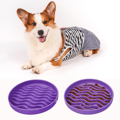 Slow Feeder Dog Bowls, Silicone Food Bowl Anti-Gulping, Pets Puppy Slow Feeder with Suction Cups, Dishwasher Microwave Safe for All Small Medium Dogs, Wave Design Purple - color: purple