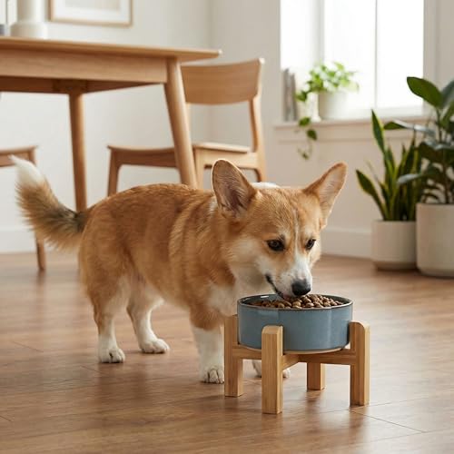 hjn Elevated Ceramic Dog Bowl with Bamboo Stand, Raised Pet Feeding Station for Small Medium Dogs Cats, Modern Design with Anti-Slip Base (Gray Blue, 3.6Cup) - color: Gray Blue, size: 3.6Cup