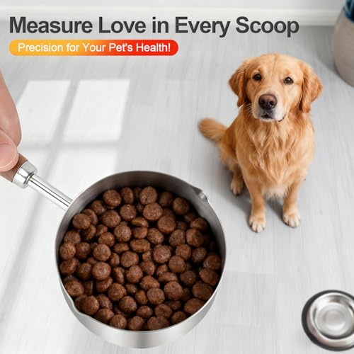 Dog-Cat Food Scoop 1 Cup – 304 Stainless Steel Measuring Cup with Long Walnut Handle, Precise Scale for Pet Food, Easy to Clean & Durable Metal Scoop for Dogs, Cats, and Kitchen Use