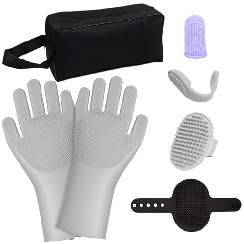 7PCS Pet Grooming Kit for Dogs and Cats,with Storage Bag & Includes Dog Washing Gloveswith High-Density Teeth, Adjustable Handle Dog Shampoo Brush, Dog Finger Toothbrush (Gray) - color: Gray