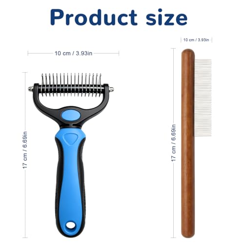 Pet Pro Grooming Tool for Dogs & Cats, 2-in-1 Blue Deshedding Brush & Wooden-Handle Steel Comb, Undercoat Rake for Long Hair Thick Coats, Painless Dematting Removes Tangles Knots & Loose Fur