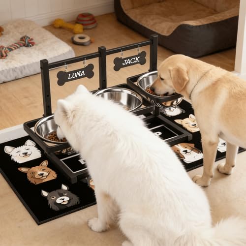SHAINFUN Elevated Dog Bowls for Medium/Large Dogs with Mat, 6 Height Adjustable Raised Dog Bowls, Three Large 58oz Food Water Stainless Steel Bowls - size: Three 58oz Dog Bowl & Mat