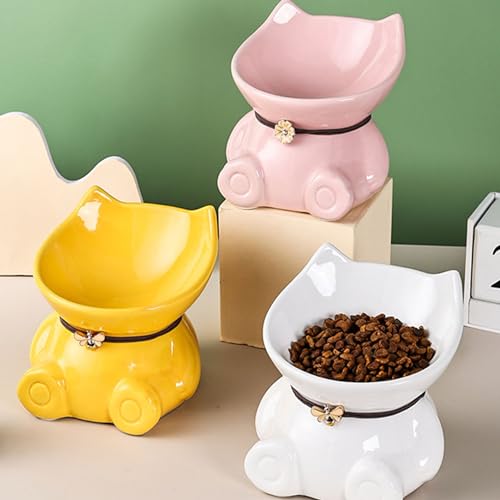 Disoza Ceramic Raised Cat Bowls for Indoor Cats 5.8 Inch White Cute Elevated Food Bowls 15° Tilted Whisker Friendly Water Bowl Dishwasher Safe Puppy Feeding Set Supplies Dog Accessories - color: White Cute Elevated Cat Food Bowls