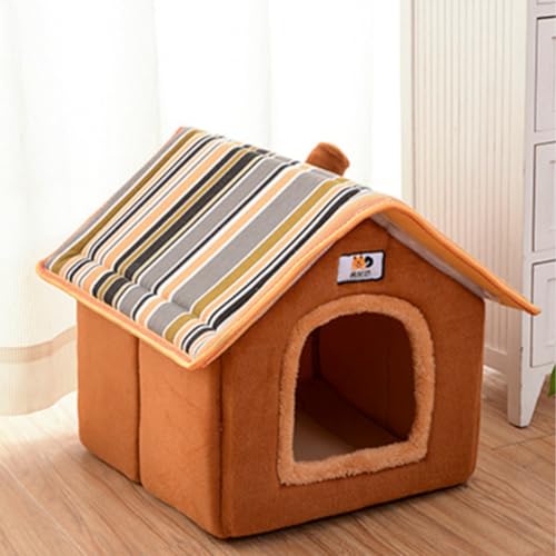 Dog House Cute Indoor Puppy Cave Cat Nest with Removable and Washable Cushion Plush Kennel Pet Bed - color: Brown, size: L