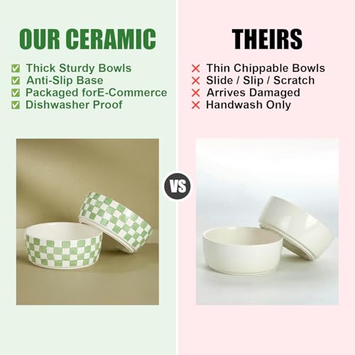 6.4 inch Ceramic Hand Painted Basic Dog Bowl Set of 2 with Anti-Skid Rubber Base, Food and Water Bowls for Small Pets Green - color: Green