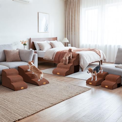 Topmart High Density Extended Foam Dog Ramp&Steps 2 Tiers,11.8" High | Non-Slip Dog Stairs,Soft Foam Pet Ladder with Removable Cover,Best for Injured,Older Cats,Pets with Joint Pain - color: Brown, size: 21.7*15.7*11.8