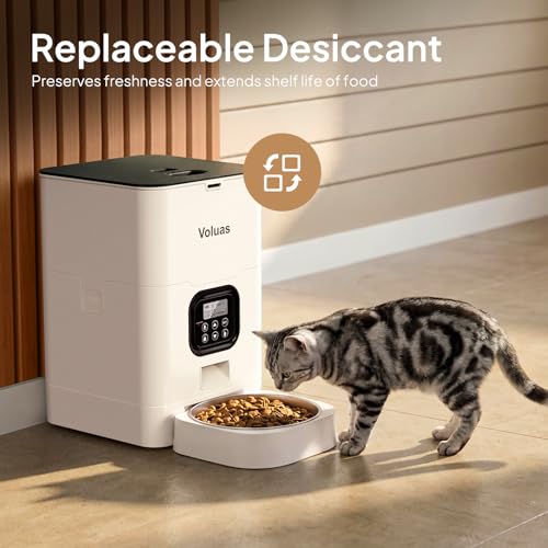 VOLUAS Automatic Cat Feeders - Timed Pet Feeder for Cats and Dogs with Dry Food Dispenser, Desiccant Bag, Programmable Portion Control, 4 Daily Meals, 10s Voice Recorder | Programmable Portion Control, Up to 4 Meals Daily, Dual Power Supply, Power-Off Mem