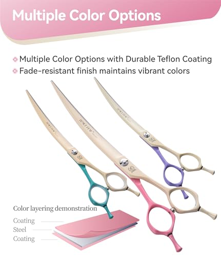 Curved Dog Grooming Scissors with Coating 440C Stainless Steel, 7 inch Professional Curved Shears Dog Grooming,25 Degree of Curved Blade,Pet Shears for Trimming Face and Paws, Pink & White - color: Pink&white