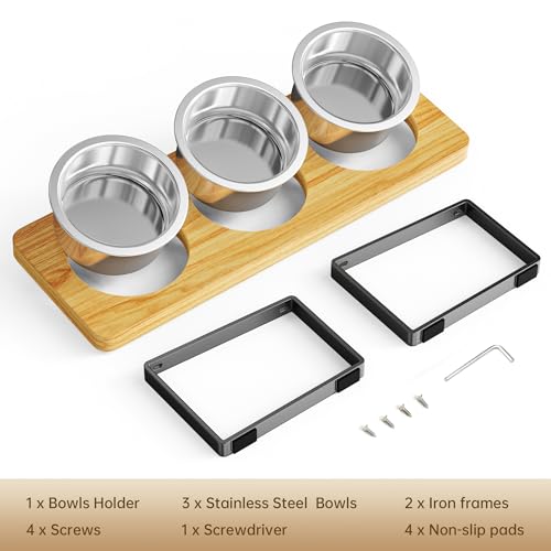 Elevated Cat Bowls with 3 Stainless Steel Bowls | 10° Tilted Anti-Vomiting Raised Cat Food Bowl for Small Cats and Puppies Pet Bowl with Stand - color: Bamboo