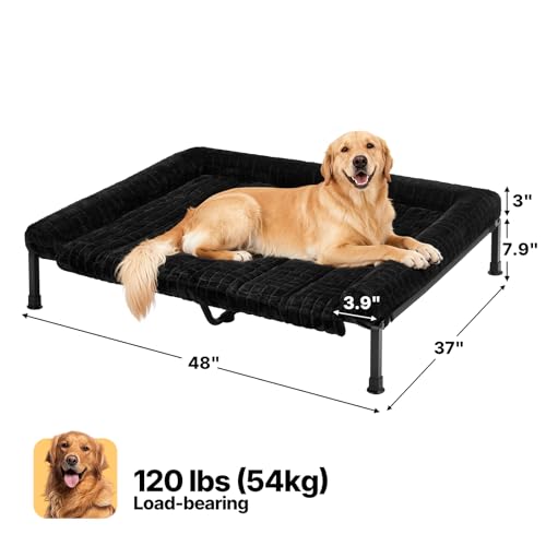 Veehoo Elevated Dog Bed Large Sized with Fluffy Plush Bolster Cushion, Washable Orthopedic Dog Couch Bed, Cooling Raised Pet Cot with Removable Mat, Breathable Mesh, No-Slip Feet, 48x 37 inches, Black - color: Black, size: 48"L x 37"W x 7.9"Th