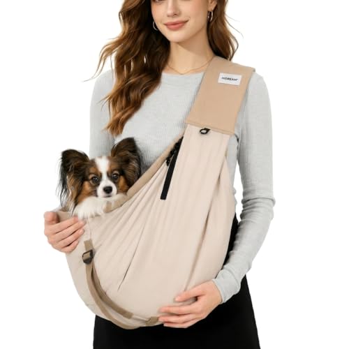 Dog Sling Carrier, Small Dog Carrier Sling for Cats & Puppies 20 lbs, Dog Carry Bag with Pockets, Light Water-Resistant Nylon, Pet Sling Carrier for Senior Pet Walks, Travel, Crowds,Home(Cream Brown) - color: Cream Brown