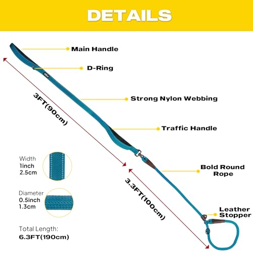 Fida 2-in-1 Slip Leads for Dogs with Double Handles, Tangle Free Leash for Large Dogs that Pull, Heavy Duty No Pull Training Leash Reflective Soft Padded for Large & Medium Breed(6ft,Blue) - color: Blue