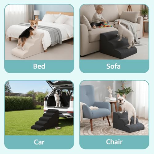 Oiilores Dog Stairs for Small Dogs 15" H, 3-Step Dog Steps Ramp for Couch Sofa and Chair with Anti-Slip Washable Cover and Durable High Density Foam, Pet Stairs for Cats, Grey