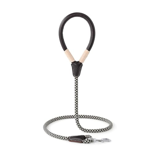 Mile High Life Dog Leash, Rope Leash with Genuine Leather Handle and Heavy Duty Metal Clasp, Great for Small Medium Large Dogs (Black Khaki, 4FT) - color: Leather Handle-Black Khaki, size: 48 Inch-1/2"