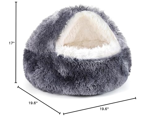 NOYAL Round Hooded Donut Dog Bed for Small & Medium Pets - Plush Fluffy Anti-Anxiety Cat Cave Bed with Cover - color: Bandhnu Dark grey, size: Small 19.6''