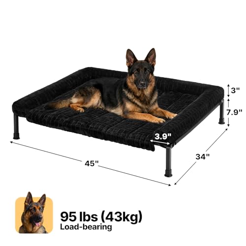 Veehoo Elevated Dog Bed Large Sized with Fluffy Plush Bolster Cushion, Washable Orthopedic Dog Couch Bed, Cooling Raised Pet Cot with Removable Mat, Breathable Mesh, No-Slip Feet, 45x 34 inches, Black - color: Black, size: 45"L x 34"W x 7.9"Th