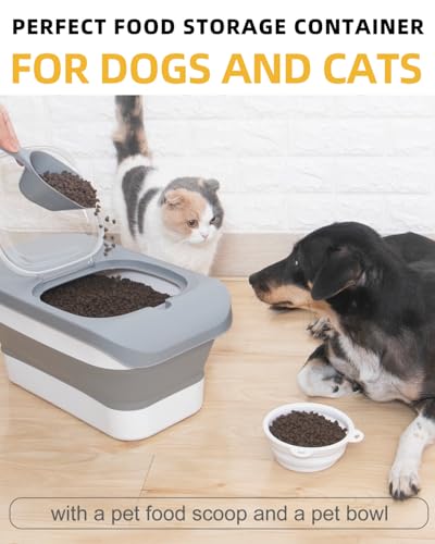 HOYTAMDAR 13 Lbs Dog Food Container, Collapsible Dog Food Storage Container with Airtight Lid, Cat Food Storage container Dry Food for Pets, Rice, Cereal, Silicone Pet Bowl and Dog Food Scoop - color: Grey1-13lbs