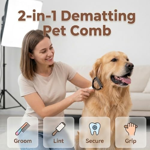 Double Sided Dematting Comb for Cats & Dogs, Undercoat Rake, Safe Deshedding Grooming Tool, Gentle Matt Remover Detangler for Long Thick Haired Pets, Ergonomic Pet Grooming Brush (Black) - color: Black