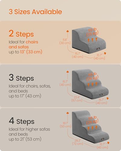 Feandrea 2-Step Dog Stairs, Dog Steps for Bed, Sofa, Waterproof Pet Stairs with Anti-Slip Designs, Gentle Slope, Removable Washable Cover, Handle, Dove Gray UPPS002G01 - size: 2-Step