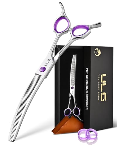 ULG 7.5” Dog Grooming Thinning Shears – 30° Curved Pet Thinning Scissors, Japanese 440C Stainless Steel, 60 V-Shaped Teeth, 25% Thinning Rate, Reversible Butterfly Handles, for Face, Nose, Eyes & Coat - size: 7.5" Thinner (25% Thinning)
