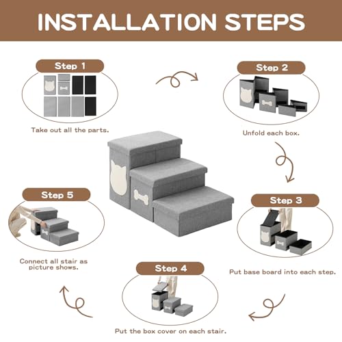 3-Step Wider Dog Steps for Bed 17" H, Foldable Dog Stairs with Storage, Non-Slip Pet Steps for Small Medium Large Dogs, Arthritis-Friendly Pet Stairs for Couch and Car Up to 200 lbs, Grey - size: 3-Step