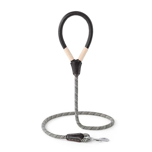 Mile High Life Dog Leash, Rope Leash with Genuine Leather Handle and Heavy Duty Metal Clasp, Great for Small Medium Large Dogs (Black Beige, 4FT) - color: Leather Handle-Black Beige, size: 48 Inch-1/2"